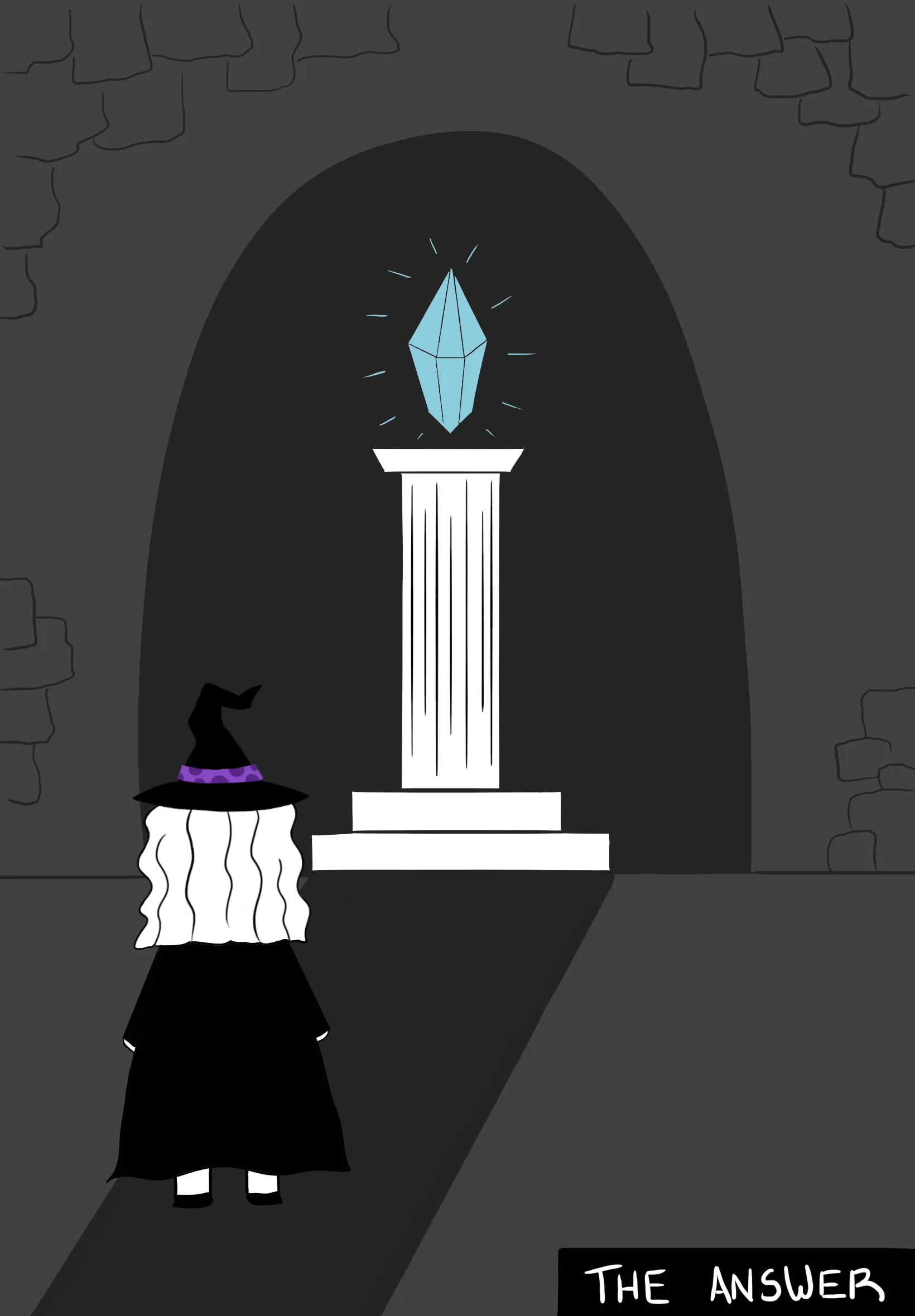 Drawing made by Maru that shows a witch standing in front of a pedestal holding a crystal glowing, the crystal represents \