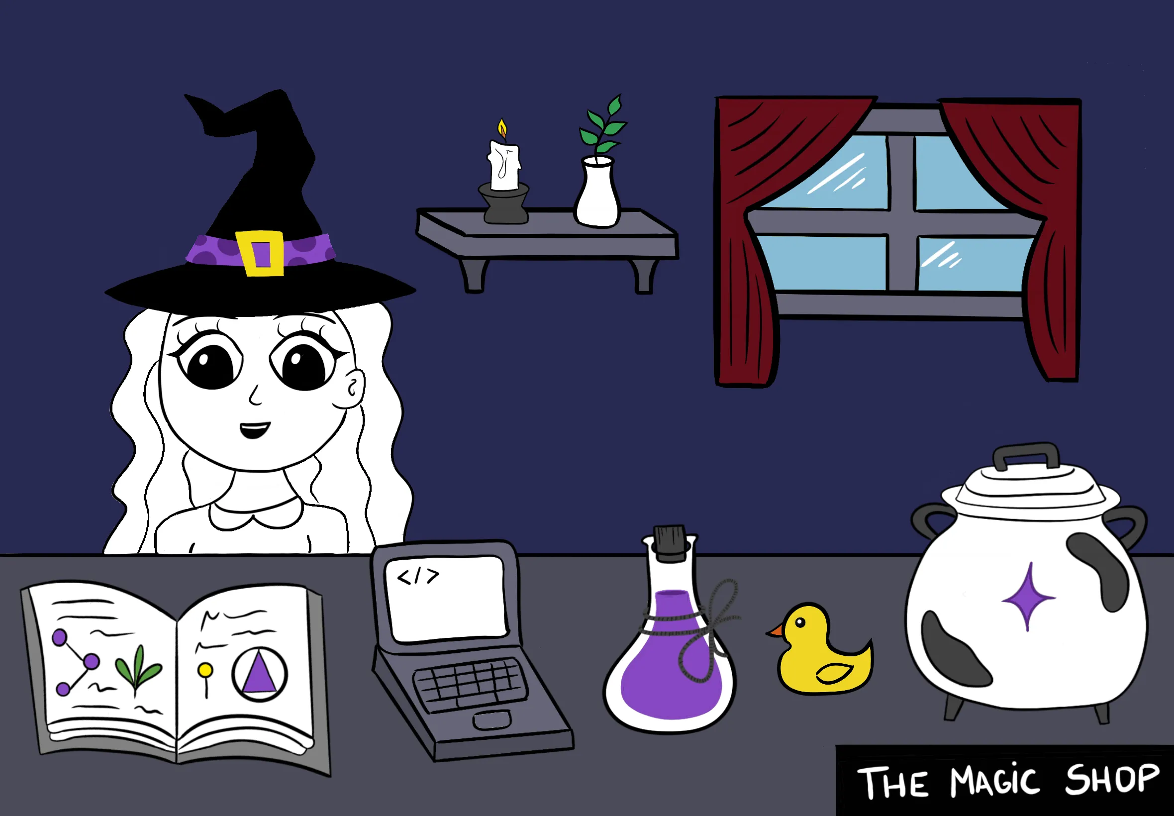 Drawing made by Maru that shows a witch at a magic shop selling different items: a magic text book, a laptop, a magic potion, a rubber ruck and a cauldron