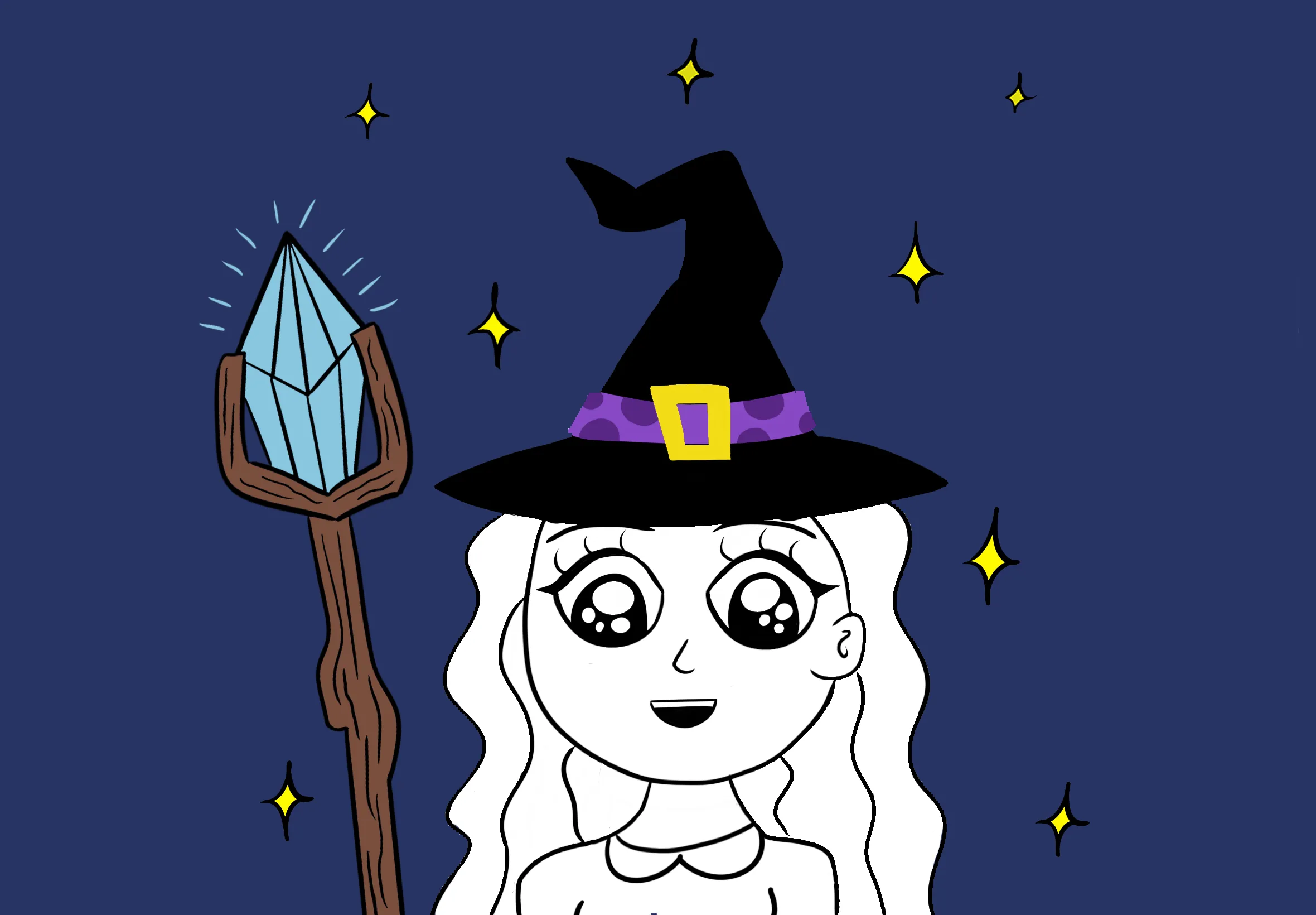 Drawing made by Maru that show a witch smiling holding a magic staff with a blue crystal