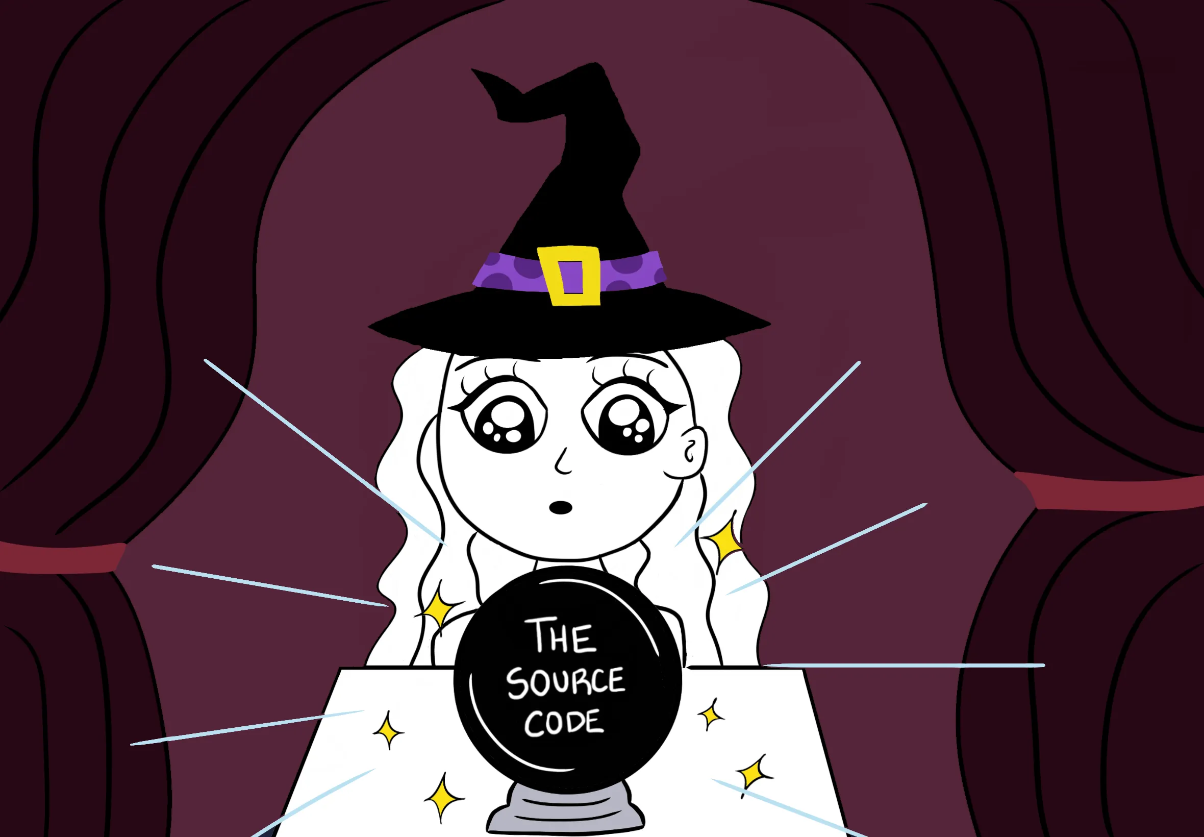 Drawing made by Maru that shows a witch looking at a crystal ball that has the text \