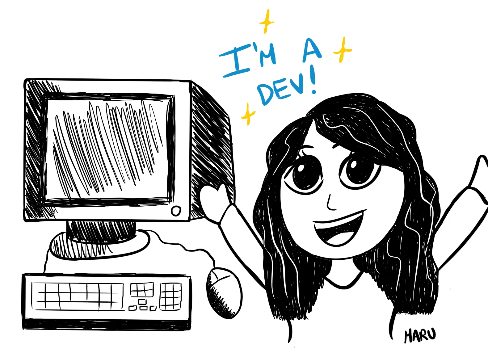 Woman next to computer saying \